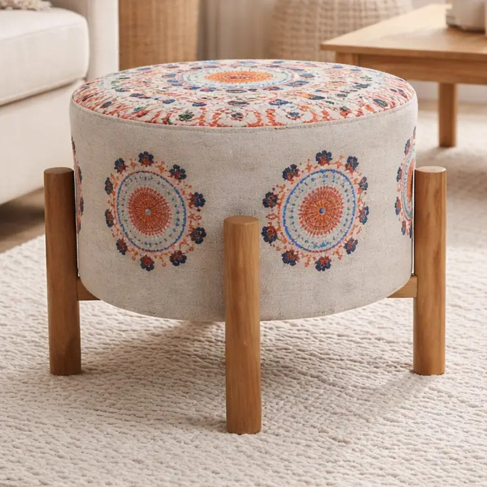 English Elm Mandala Embroidered Cotton Chambray Accent Stool with Mango Wood Legs Boho Decor B346P521522
