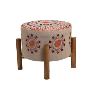 English Elm Mandala Embroidered Cotton Chambray Accent Stool with Mango Wood Legs Boho Decor B346P521522