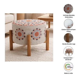 English Elm Mandala Embroidered Cotton Chambray Accent Stool with Mango Wood Legs Boho Decor B346P521522