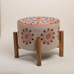 English Elm Mandala Embroidered Cotton Chambray Accent Stool with Mango Wood Legs Boho Decor B346P521522
