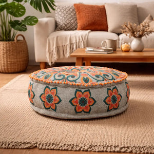 English Elm Mandala Embroidered Cotton Floor Pouf with Pompom Trim Bohemian Living Room Accent B346P521523