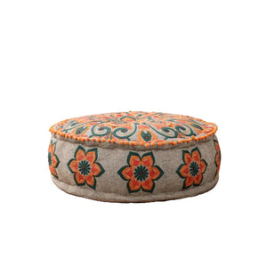 English Elm Mandala Embroidered Cotton Floor Pouf with Pompom Trim Bohemian Living Room Accent B346P521523