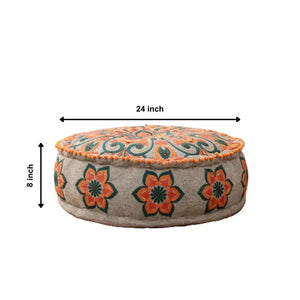 English Elm Mandala Embroidered Cotton Floor Pouf with Pompom Trim Bohemian Living Room Accent B346P521523