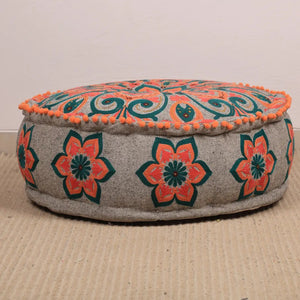 English Elm Mandala Embroidered Cotton Floor Pouf with Pompom Trim Bohemian Living Room Accent B346P521523