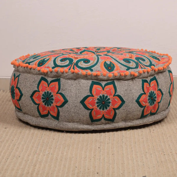English Elm Mandala Embroidered Cotton Floor Pouf with Pompom Trim Bohemian Living Room Accent B346P521523