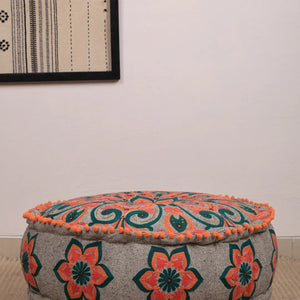 English Elm Mandala Embroidered Cotton Floor Pouf with Pompom Trim Bohemian Living Room Accent B346P521523