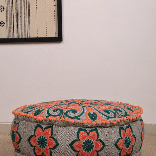 English Elm Mandala Embroidered Cotton Floor Pouf with Pompom Trim Bohemian Living Room Accent B346P521523