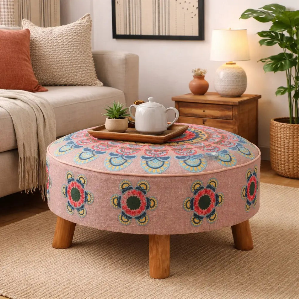 English Elm Mandala Embroidered Handloom Cotton Pouf with Bamboo Legs for Bohemian Living Spaces B346P521524