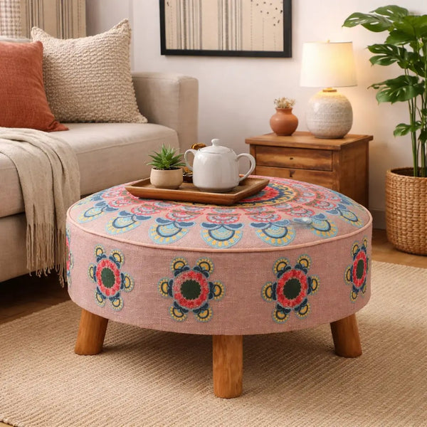 English Elm Mandala Embroidered Handloom Cotton Pouf with Bamboo Legs for Bohemian Living Spaces B346P521524