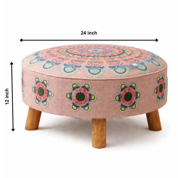 English Elm Mandala Embroidered Handloom Cotton Pouf with Bamboo Legs for Bohemian Living Spaces B346P521524
