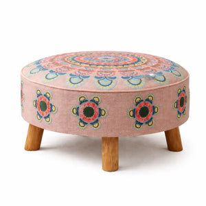 English Elm Mandala Embroidered Handloom Cotton Pouf with Bamboo Legs for Bohemian Living Spaces B346P521524