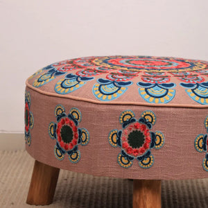 English Elm Mandala Embroidered Handloom Cotton Pouf with Bamboo Legs for Bohemian Living Spaces B346P521524