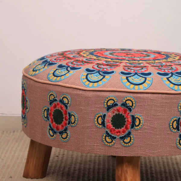 English Elm Mandala Embroidered Handloom Cotton Pouf with Bamboo Legs for Bohemian Living Spaces B346P521524
