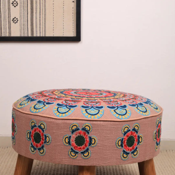 English Elm Mandala Embroidered Handloom Cotton Pouf with Bamboo Legs for Bohemian Living Spaces B346P521524