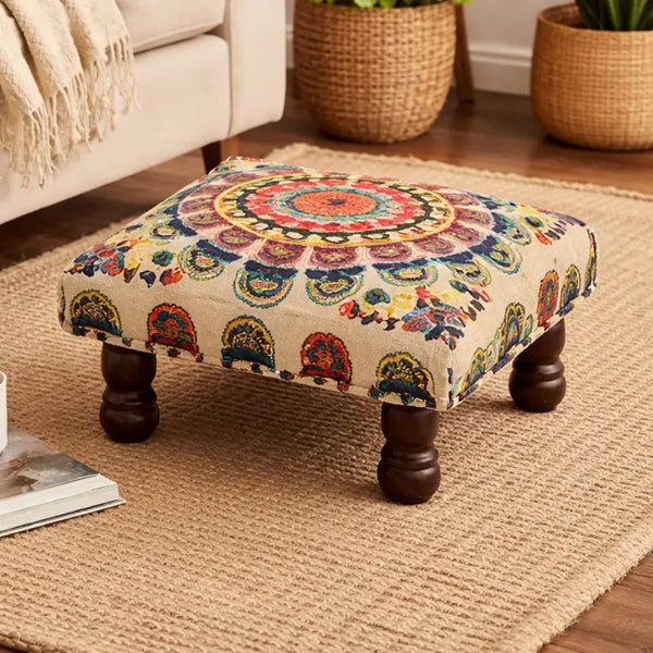 English Elm Mystic Mandala Embroidered Cotton Pouf Footrest with Mango Wood Legs Boho Accent B346P521529