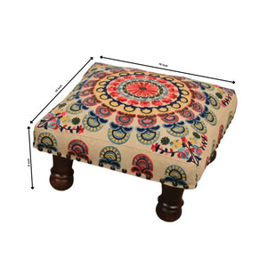 English Elm Mystic Mandala Embroidered Cotton Pouf Footrest with Mango Wood Legs Boho Accent B346P521529