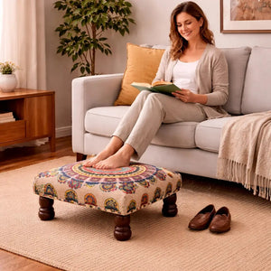 English Elm Mystic Mandala Embroidered Cotton Pouf Footrest with Mango Wood Legs Boho Accent B346P521529
