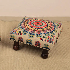 English Elm Mystic Mandala Embroidered Cotton Pouf Footrest with Mango Wood Legs Boho Accent B346P521529