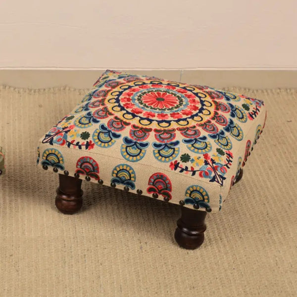 English Elm Mystic Mandala Embroidered Cotton Pouf Footrest with Mango Wood Legs Boho Accent B346P521529