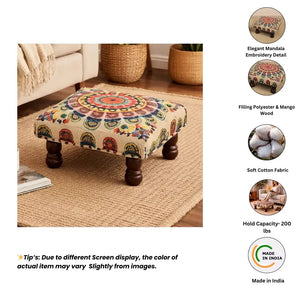 English Elm Mystic Mandala Embroidered Cotton Pouf Footrest with Mango Wood Legs Boho Accent B346P521529