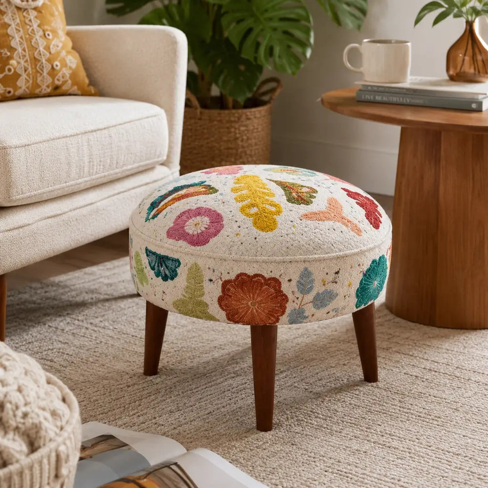 English Elm Suzani Embroidered Cotton Accent Stool Handcrafted Bohemian Seat with Mango Wood Legs B346P521536