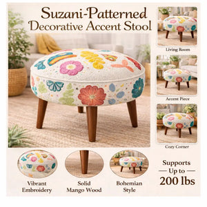 English Elm Suzani Embroidered Cotton Accent Stool Handcrafted Bohemian Seat with Mango Wood Legs B346P521536