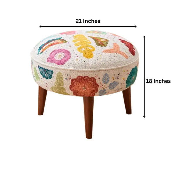 English Elm Suzani Embroidered Cotton Accent Stool Handcrafted Bohemian Seat with Mango Wood Legs B346P521536