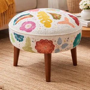 English Elm Suzani Embroidered Cotton Accent Stool Handcrafted Bohemian Seat with Mango Wood Legs B346P521536