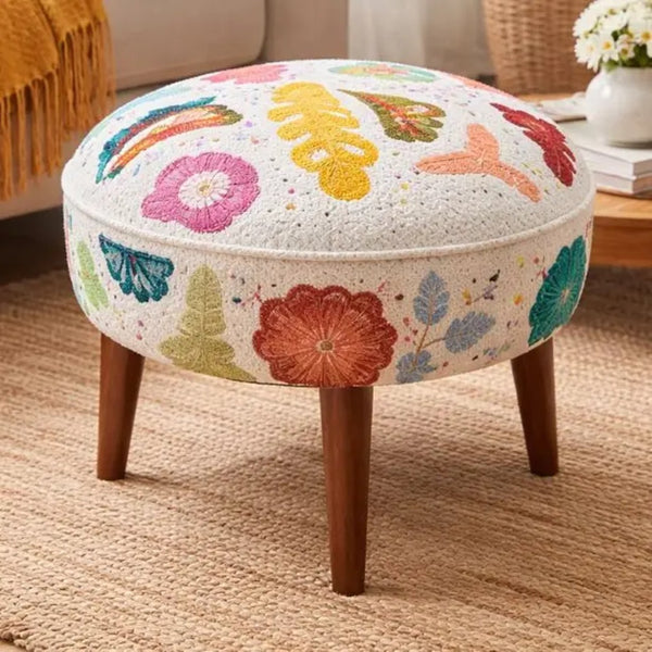English Elm Suzani Embroidered Cotton Accent Stool Handcrafted Bohemian Seat with Mango Wood Legs B346P521536