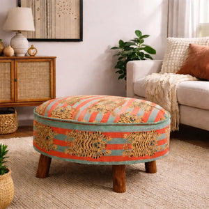 English Elm Velvet Round Ottoman with Tiger Print Mango Wood Legs Bold Boho Living Room Accent B346P521541