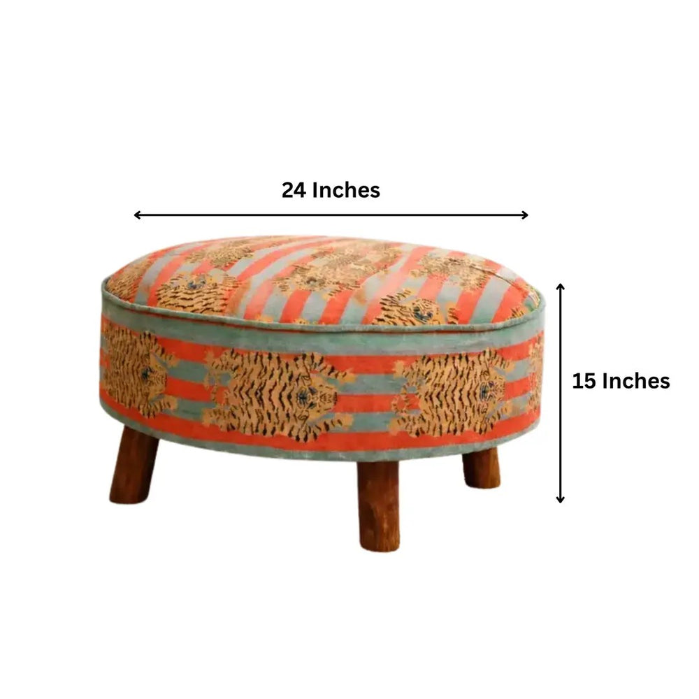 English Elm Velvet Round Ottoman with Tiger Print Mango Wood Legs Bold Boho Living Room Accent B346P521541