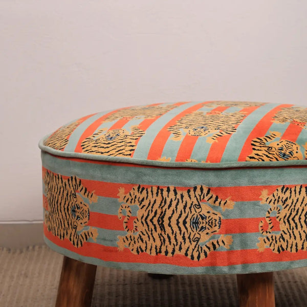 English Elm Velvet Round Ottoman with Tiger Print Mango Wood Legs Bold Boho Living Room Accent B346P521541