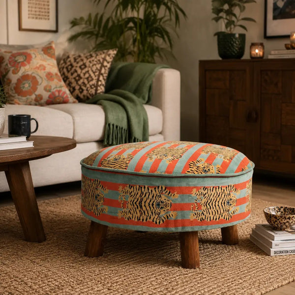 English Elm Velvet Round Ottoman with Tiger Print Mango Wood Legs Bold Boho Living Room Accent B346P521541