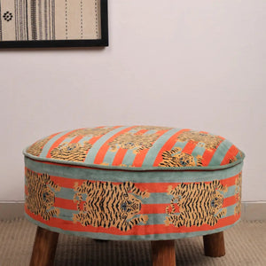 English Elm Velvet Round Ottoman with Tiger Print Mango Wood Legs Bold Boho Living Room Accent B346P521541