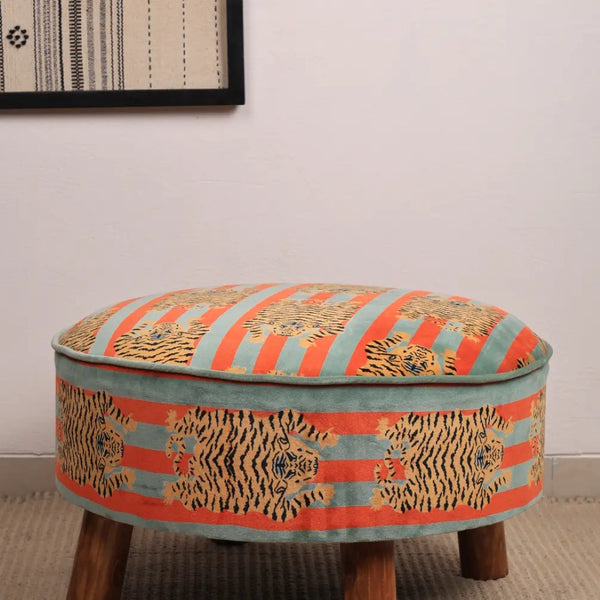English Elm Velvet Round Ottoman with Tiger Print Mango Wood Legs Bold Boho Living Room Accent B346P521541
