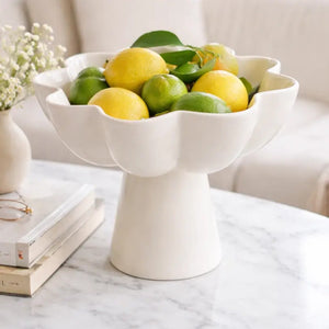 English Elm White Aluminum Pedestal Bowl with Sculptural Floral Rim for Modern Home Decor B346P521542