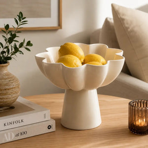 English Elm White Aluminum Pedestal Bowl with Sculptural Floral Rim for Modern Home Decor B346P521542