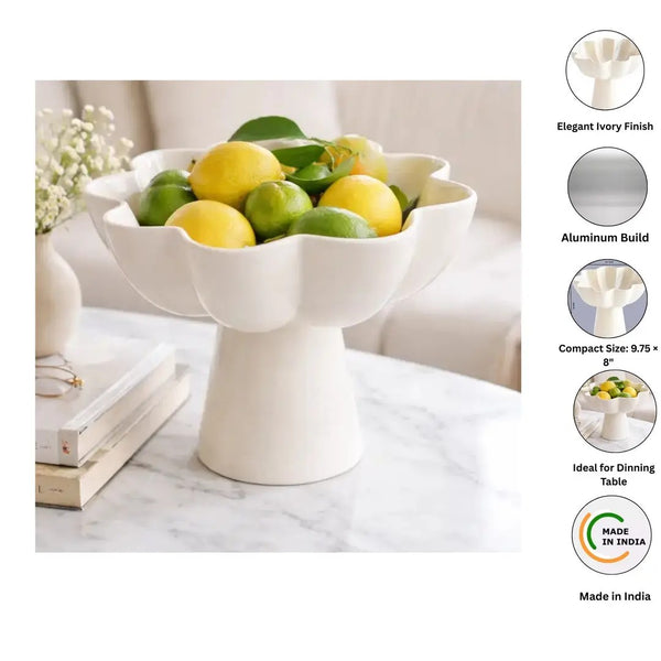 English Elm White Aluminum Pedestal Bowl with Sculptural Floral Rim for Modern Home Decor B346P521542