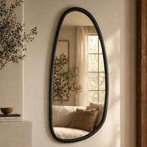 English Elm Wall Mirror Handcrafted Solid Mango Wood Asymmetric Frame Blackwash Full Length B346P521553