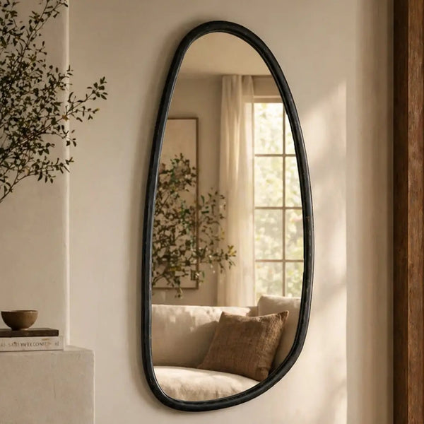 English Elm Wall Mirror Handcrafted Solid Mango Wood Asymmetric Frame Blackwash Full Length B346P521553