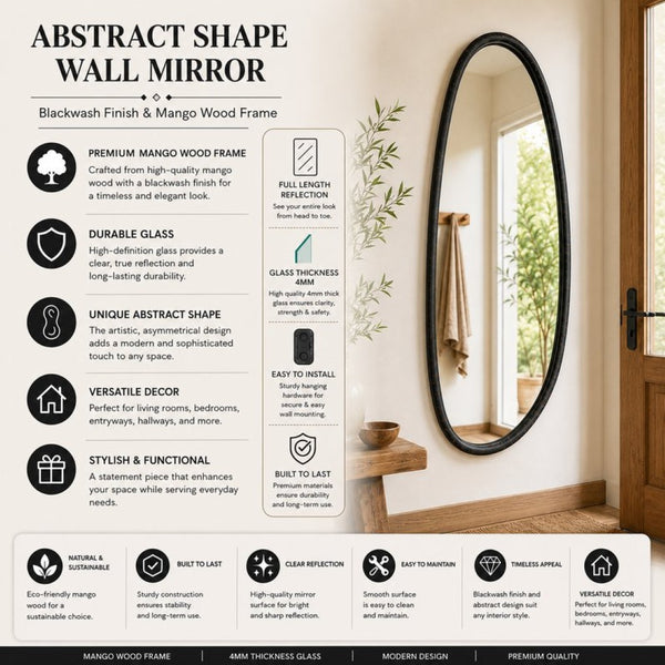 English Elm Wall Mirror Handcrafted Solid Mango Wood Asymmetric Frame Blackwash Full Length B346P521553