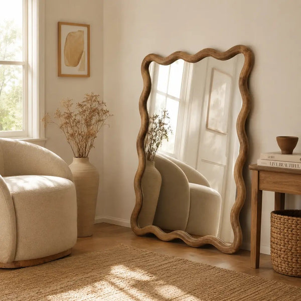English Elm Decorative Scalloped Mango Wood Wall Mirror Artisan Carved Frame for Bedroom Living Room B346P521554