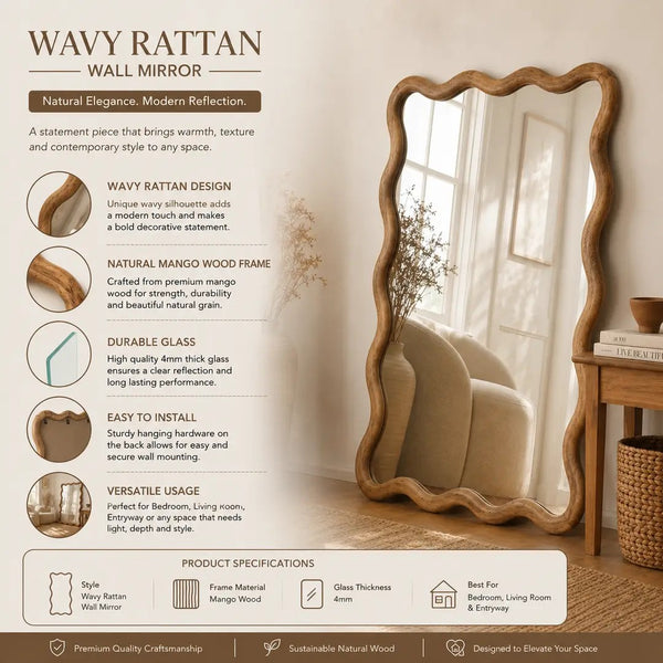 English Elm Decorative Scalloped Mango Wood Wall Mirror Artisan Carved Frame for Bedroom Living Room B346P521554