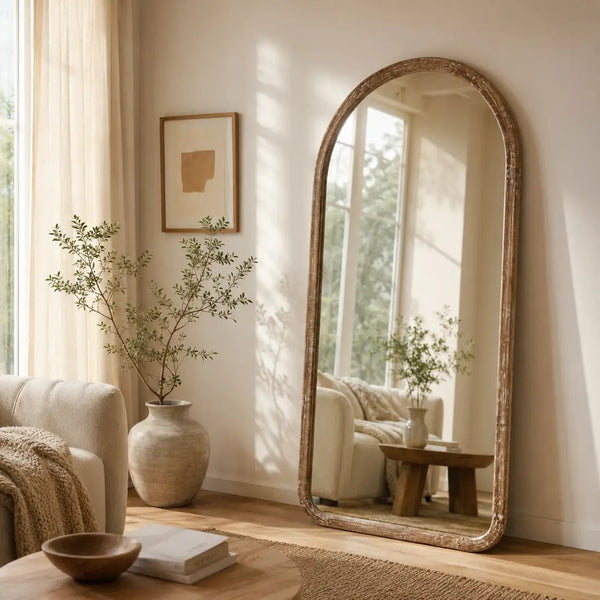 English Elm Arched Full Length Mango Wood Mirror Antique Whitewash Finish Handcrafted Bedroom Wall B346P521555