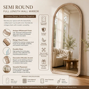 English Elm Arched Full Length Mango Wood Mirror Antique Whitewash Finish Handcrafted Bedroom Wall B346P521555