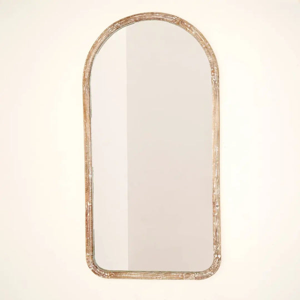English Elm Arched Full Length Mango Wood Mirror Antique Whitewash Finish Handcrafted Bedroom Wall B346P521555