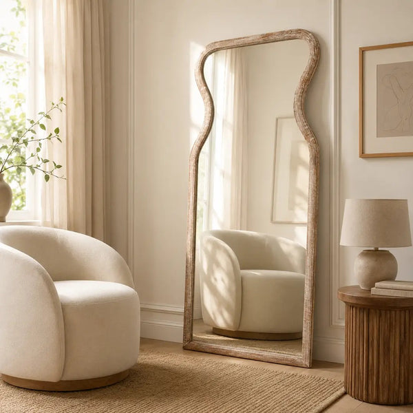 English Elm Decorative Mango Wood Full Length Mirror Antique Whitewash Vase Silhouette 70 Inch B346P521556