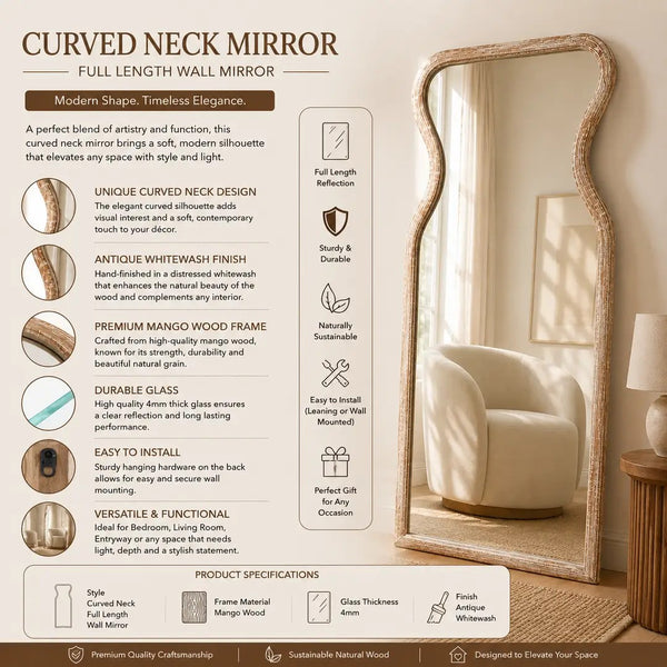 English Elm Decorative Mango Wood Full Length Mirror Antique Whitewash Vase Silhouette 70 Inch B346P521556