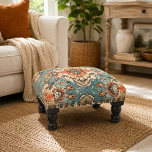 English Elm Printed Cotton Upholstered Square Ottoman Footstool with Turned Acacia Walnut Legs Boho Accent B346P544472
