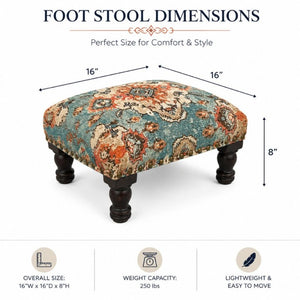 English Elm Printed Cotton Upholstered Square Ottoman Footstool with Turned Acacia Walnut Legs Boho Accent B346P544472